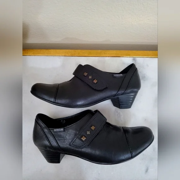 Mephisto Black Leather Round Toe Chunky Heel Velcro Strap Women's Shoe 5 1/2 8 - Picture 1 of 15